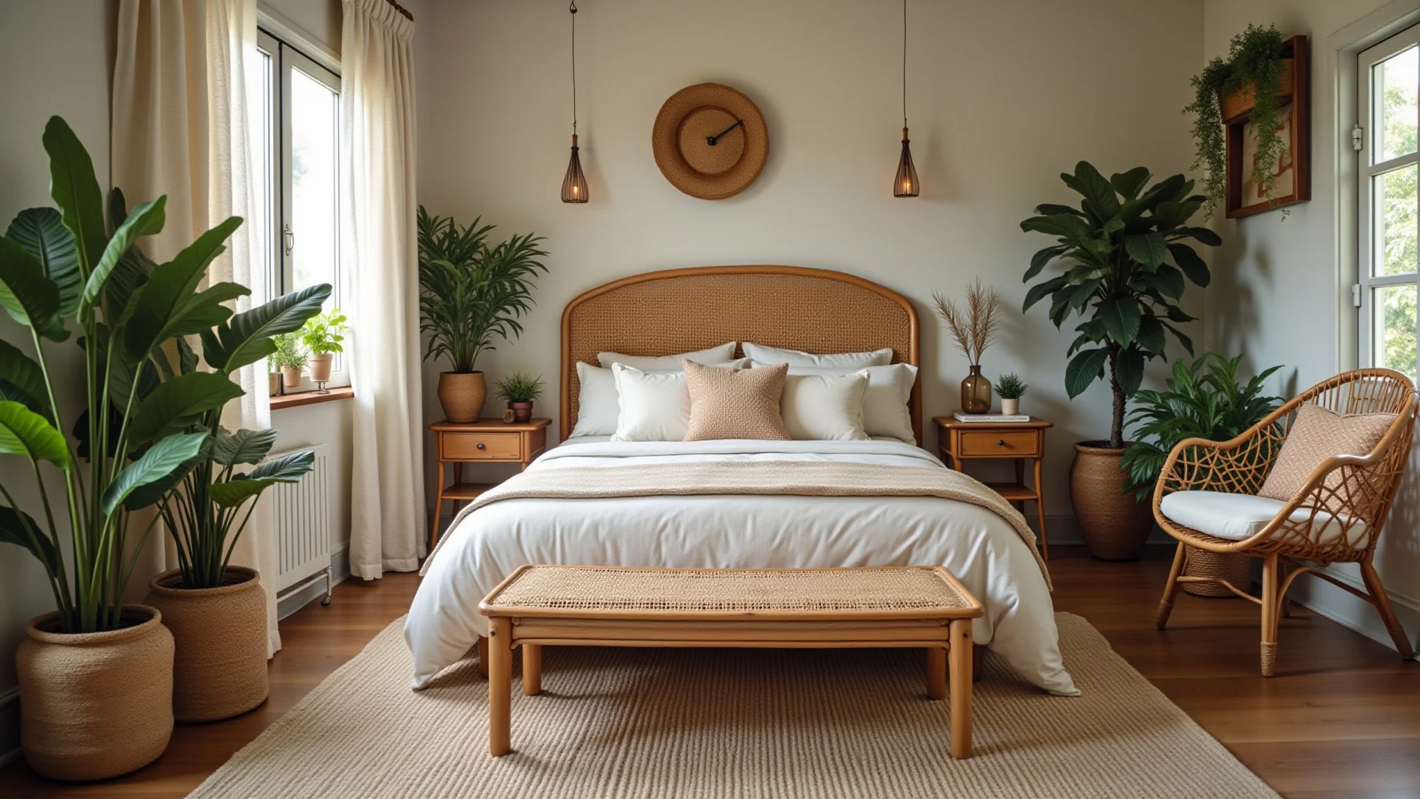 Quarto boho com plantas, móveis de rattan e texturas naturais.