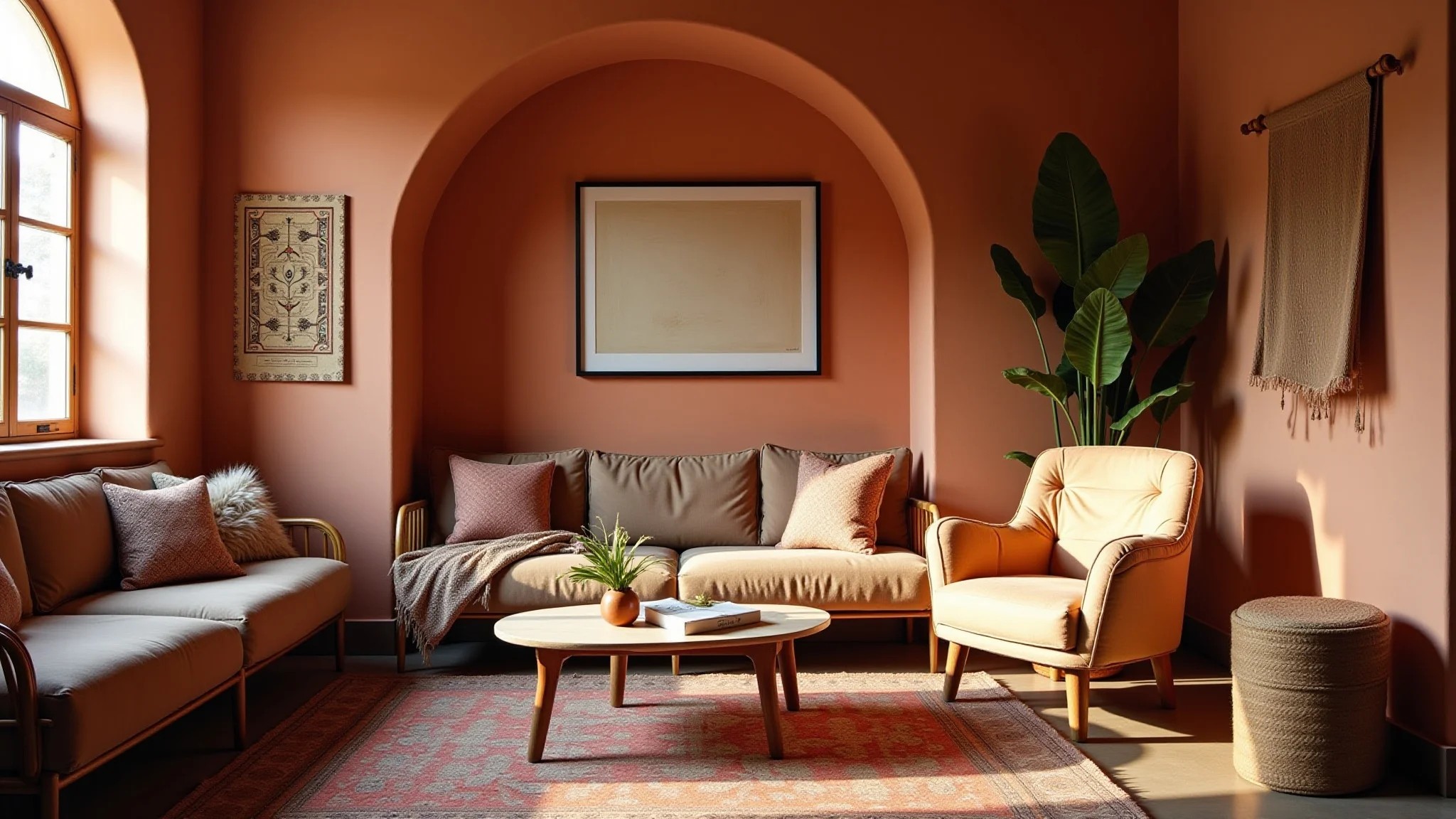 Quarto boho com paredes terracota, móveis vintage e tecidos étnicos.