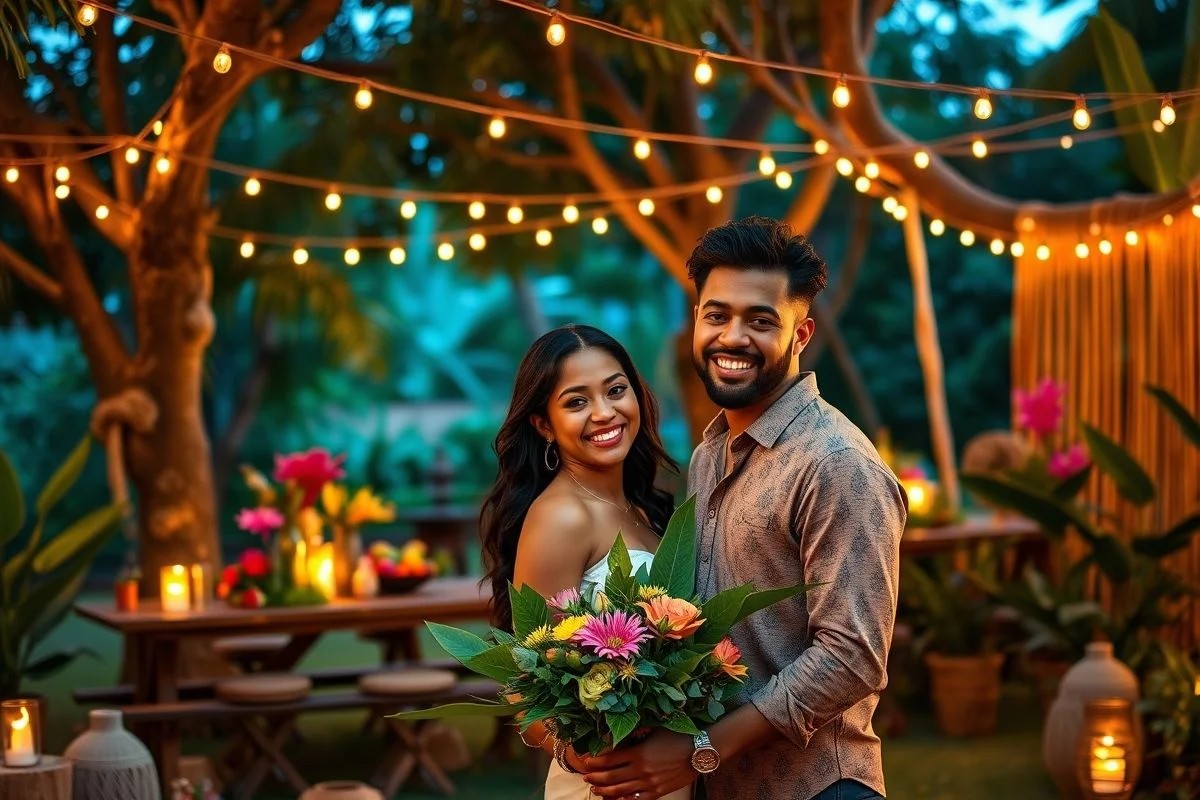 Decoração boho chic para noivado em jardim brasileiro, luzinhas, madeira e cores vibrantes.