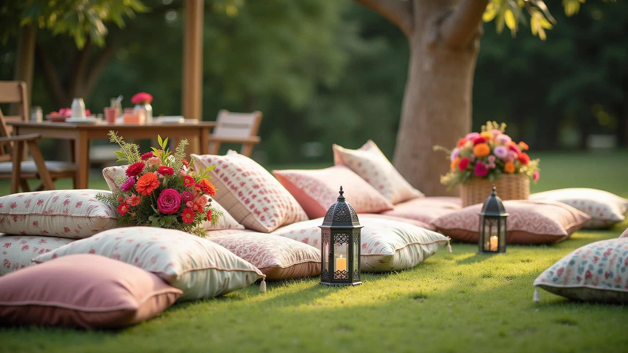 Festa boho chic no jardim com almofadas, lanternas marroquinas e flores.