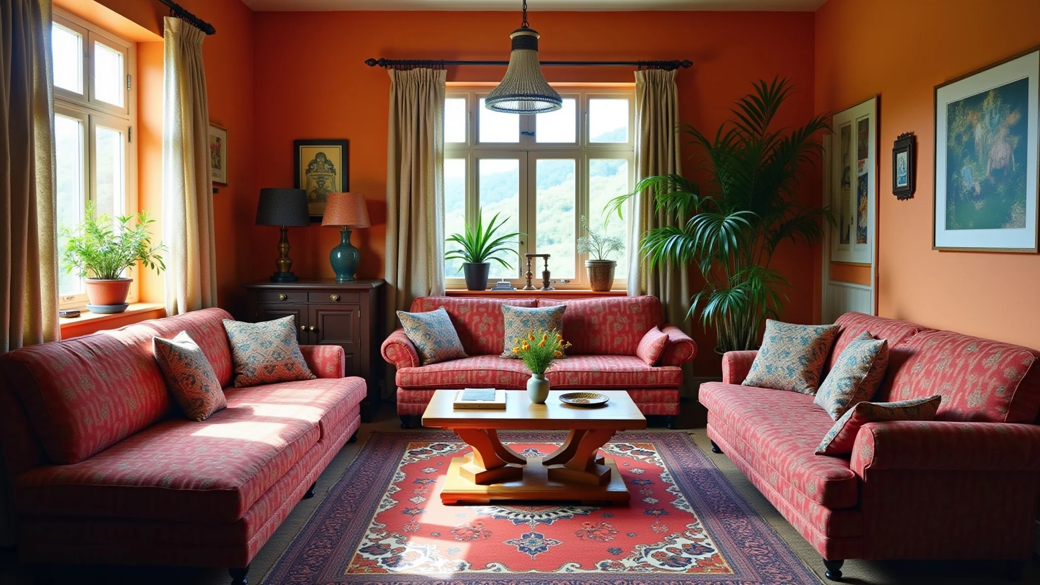 Sala de estar boho chic com cores vibrantes e estampas étnicas.