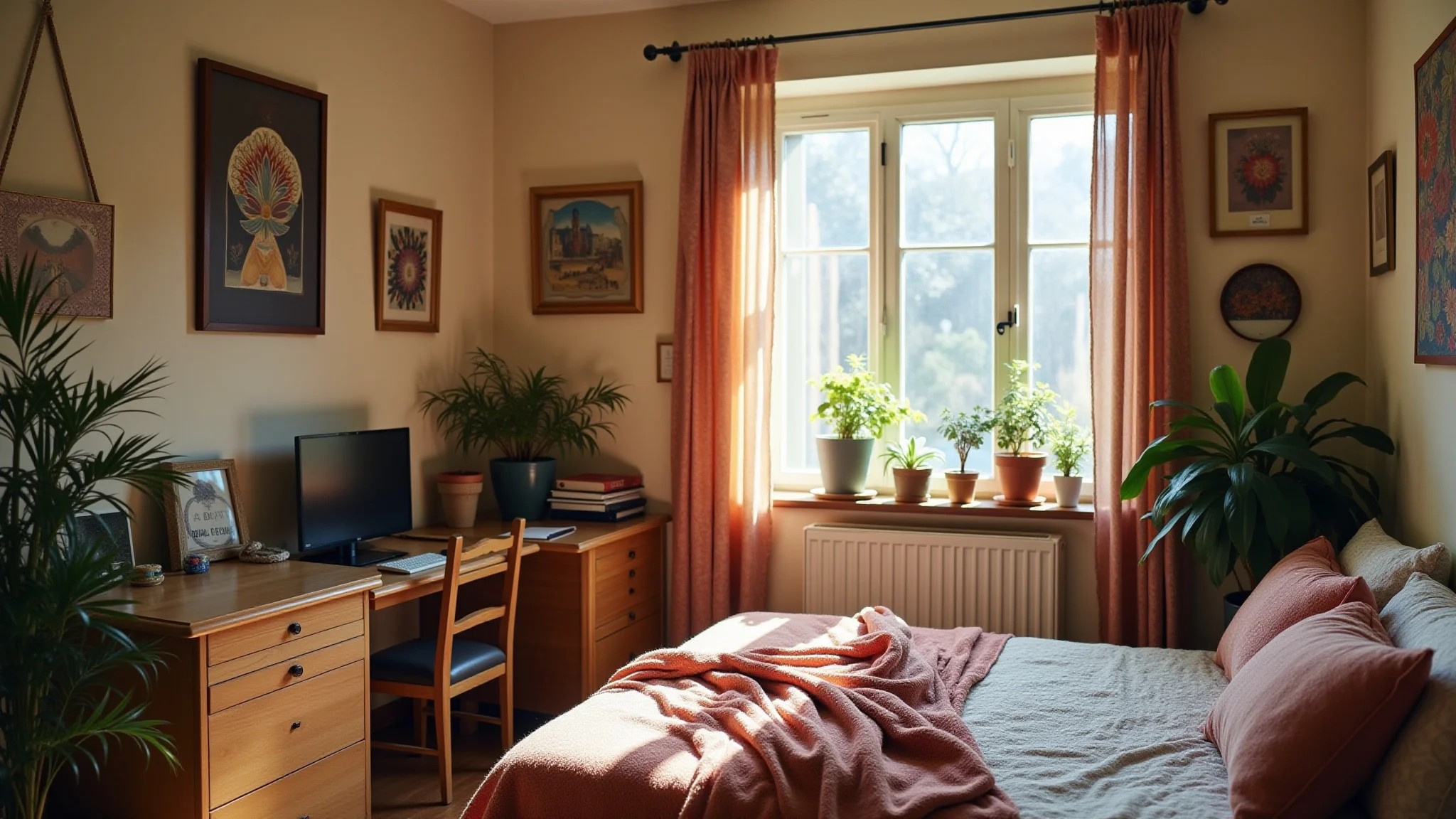 Quarto boho com padrões mistos, plantas e lembranças de viagem, criando um espaço único.
