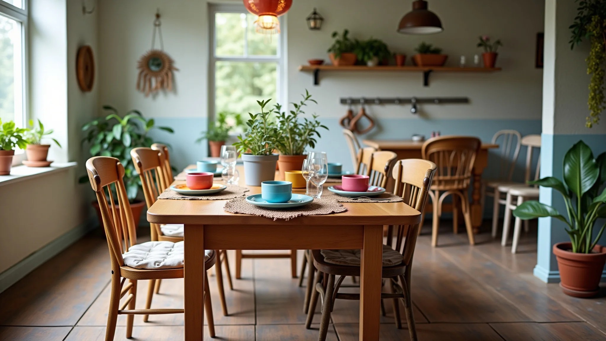 Sala de jantar boho com mesa de madeira, cadeiras diferentes e louça colorida.