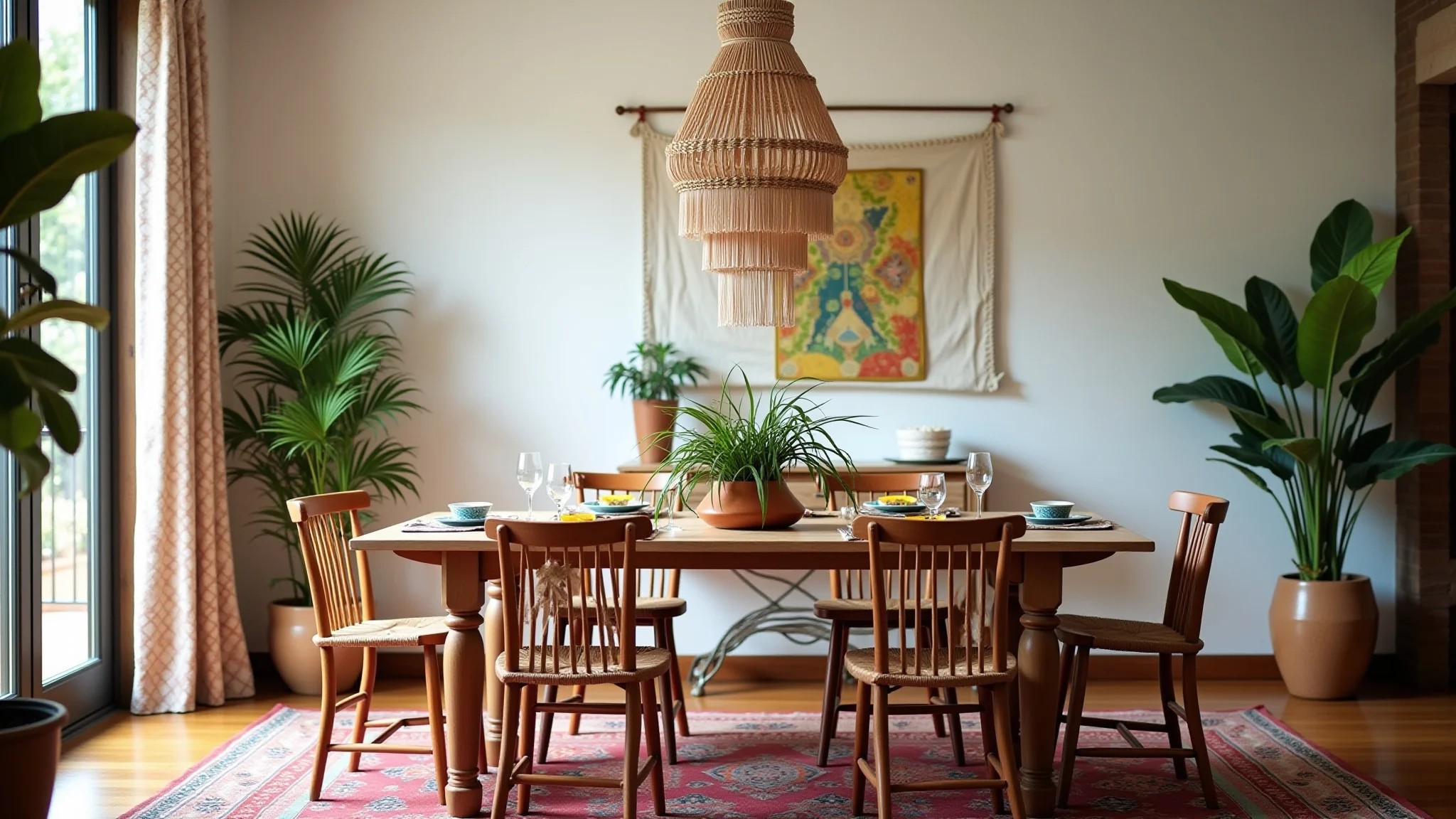 Sala de jantar boho com lustre de macramê, tecidos coloridos e plantas.
