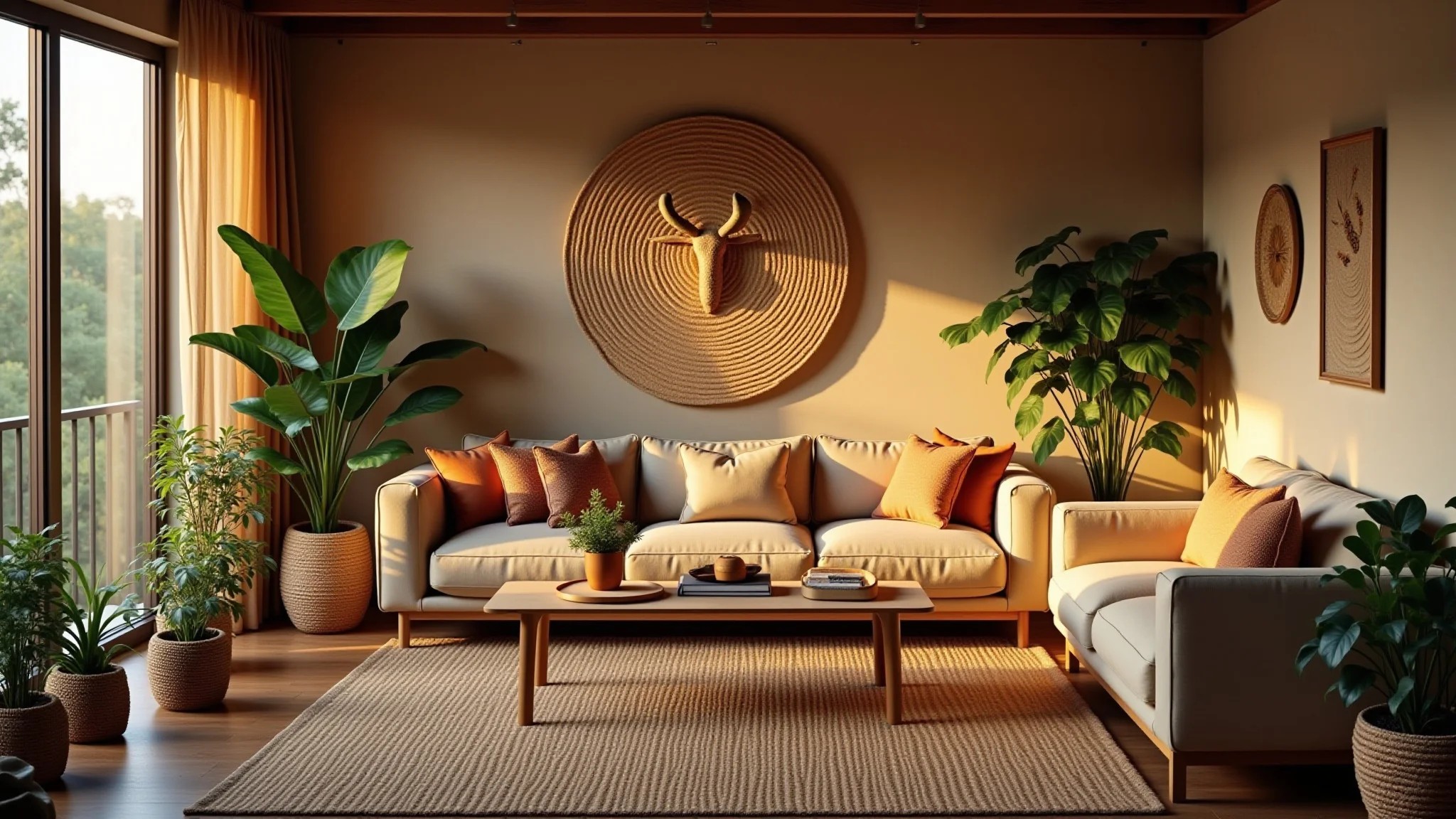 Sala boho inspirada em Touro: tons terrosos, sofá confortável, plantas e luz natural suave.