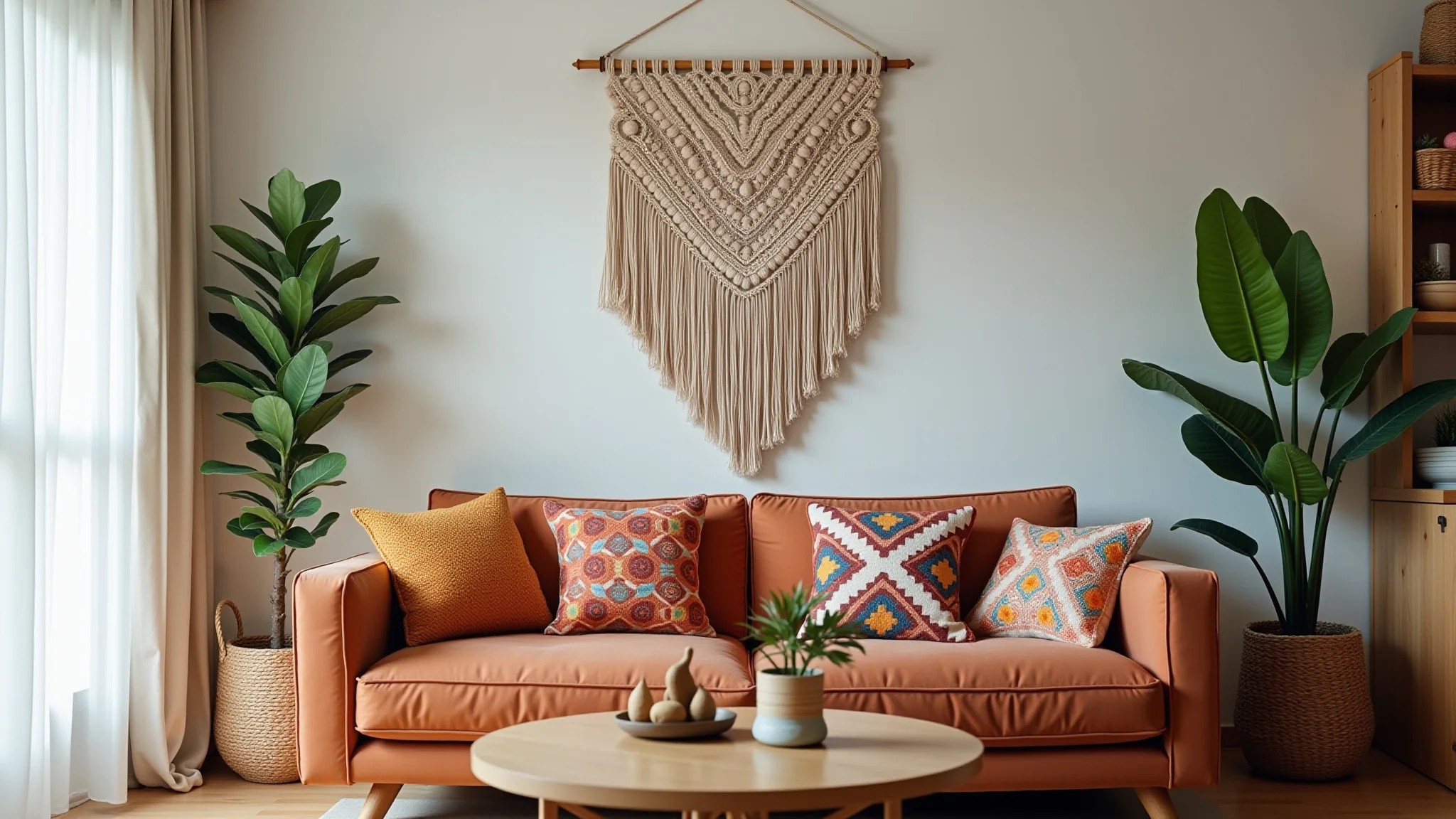 Sala boho com macramê na parede, almofadas coloridas e texturas naturais.