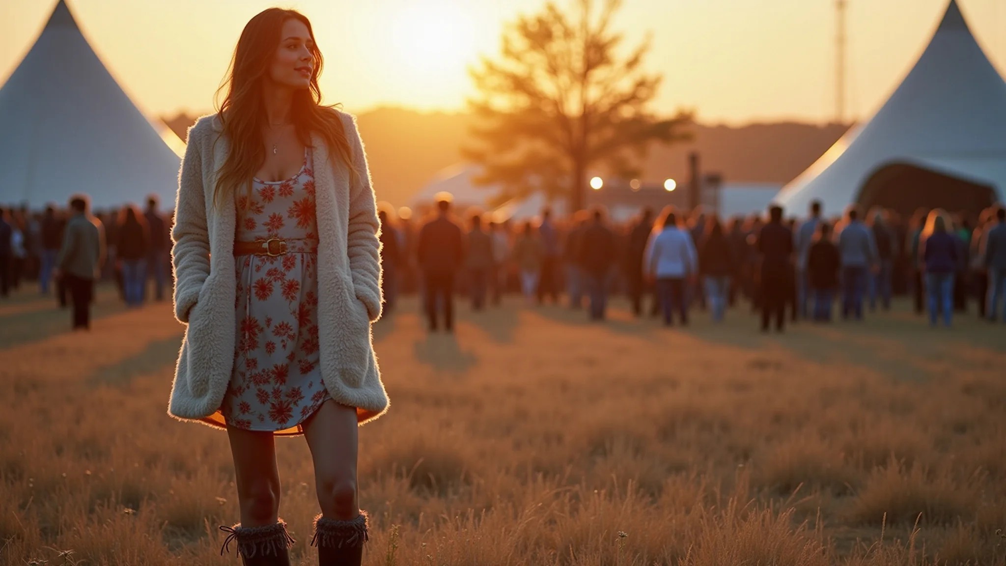 Estilo boho rock: vestido floral, bota e casaco de pelúcia em festival de rock de inverno.