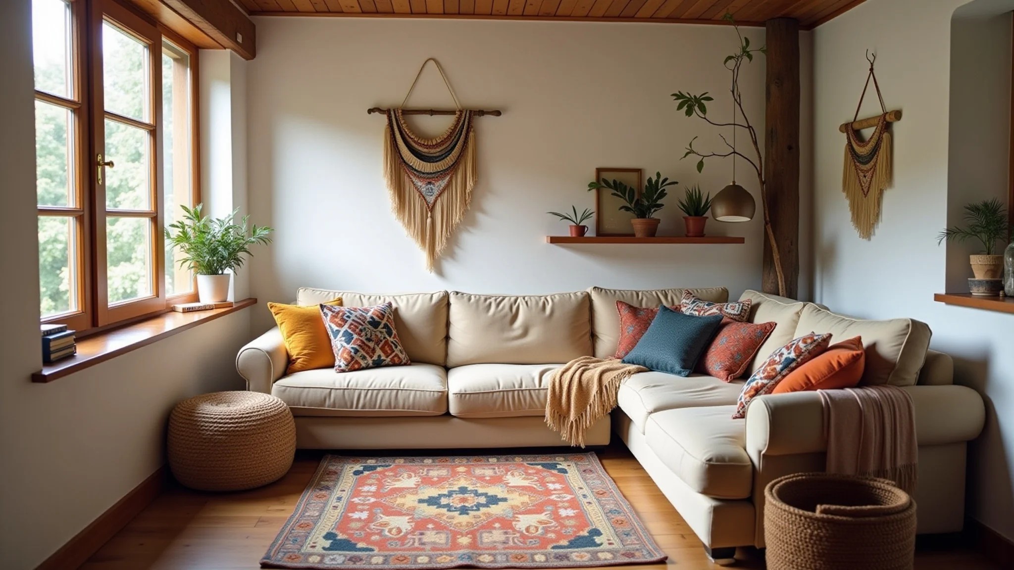 Sala estilo boho com sofá bege, almofadas estampadas e mantas coloridas.