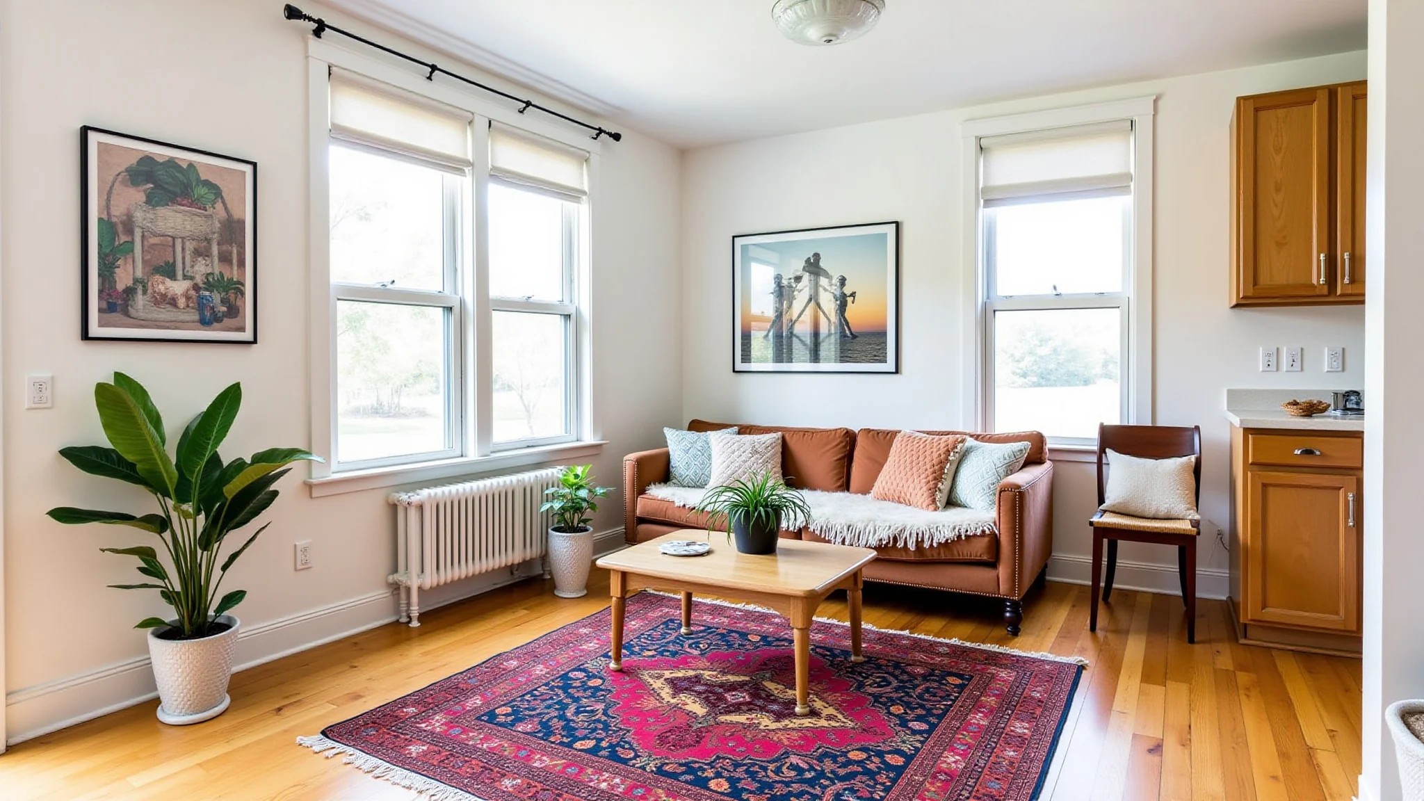 Sala de estar estilo boho com tapete colorido e inspiração Farm Rio.