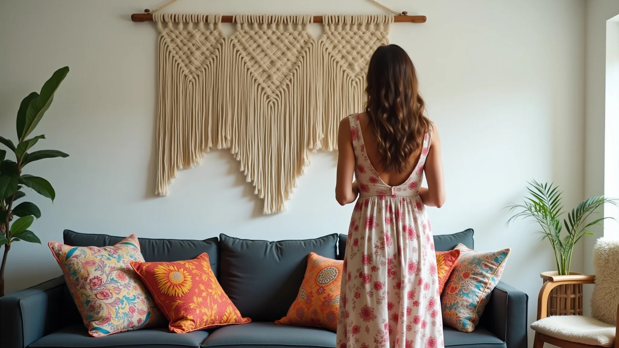 Sala de estar boho com macramê e mulher com vestido floral, estilo anos 70 moderno.