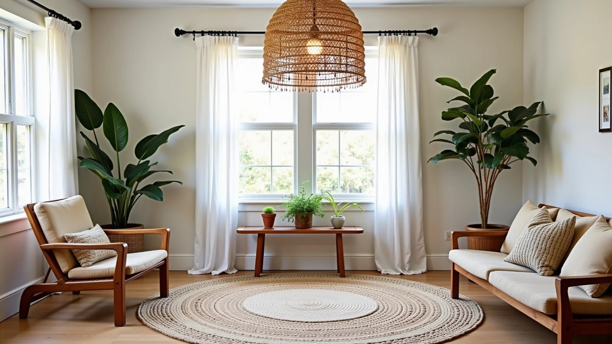Sala em estilo boho com tapete redondo de crochê e pendente de vime.