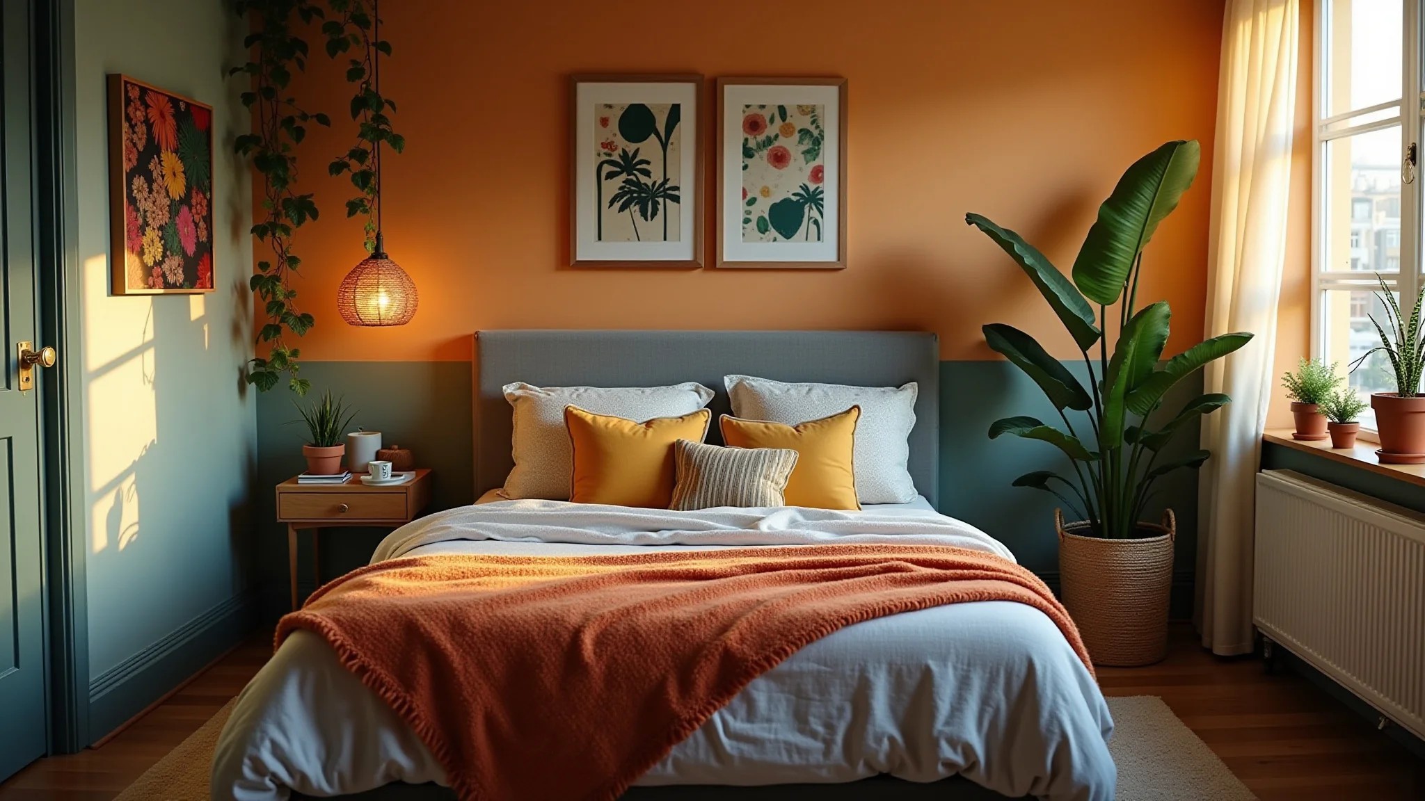 Quarto de solteiro masculino estilo boho com cores vibrantes, plantas e iluminação suave.