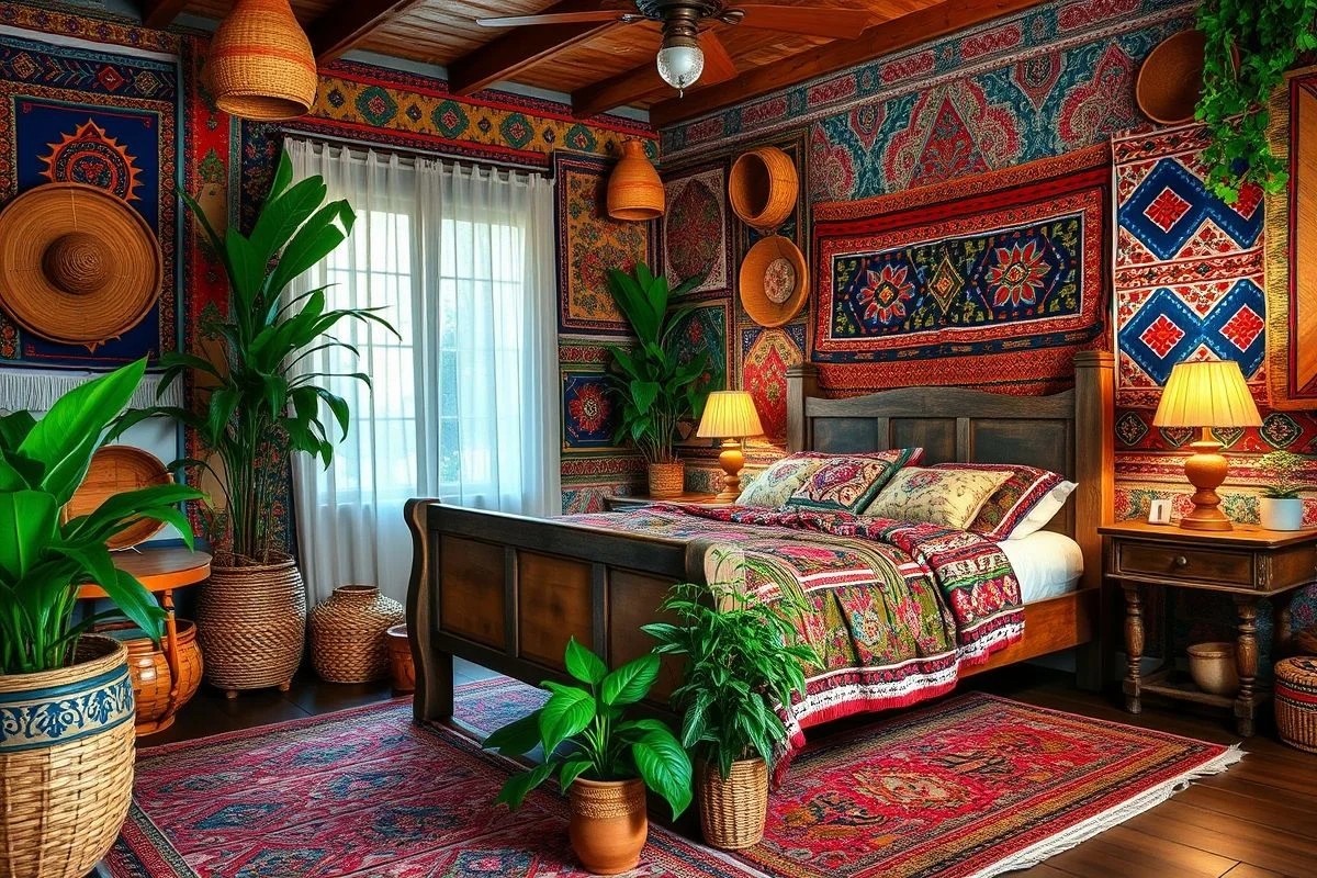 Quarto boho brasileiro com estampas étnicas, texturas naturais e plantas, cheio de personalidade.