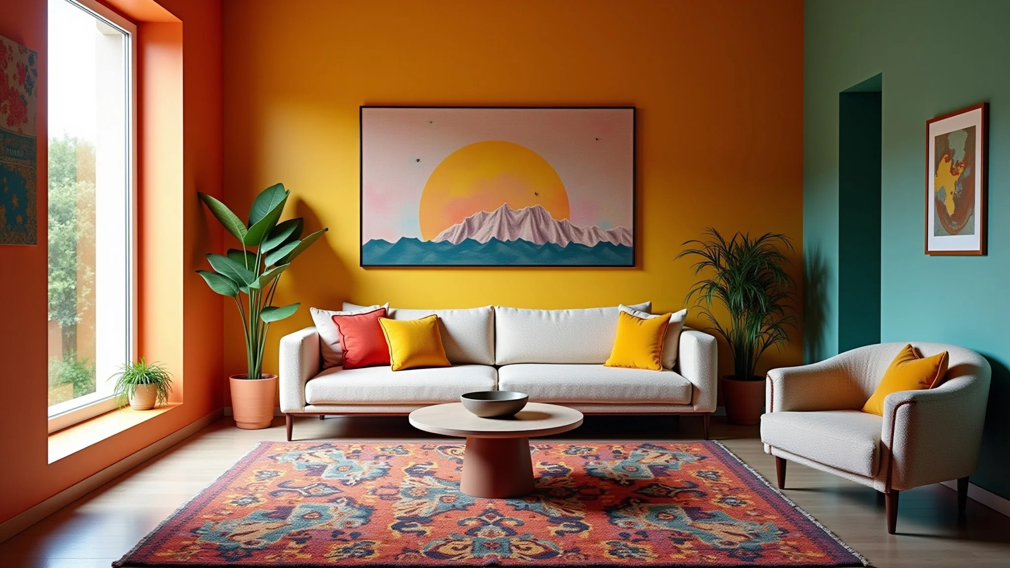 Sala pequena ousada com parede de destaque vibrante e tapete colorido.