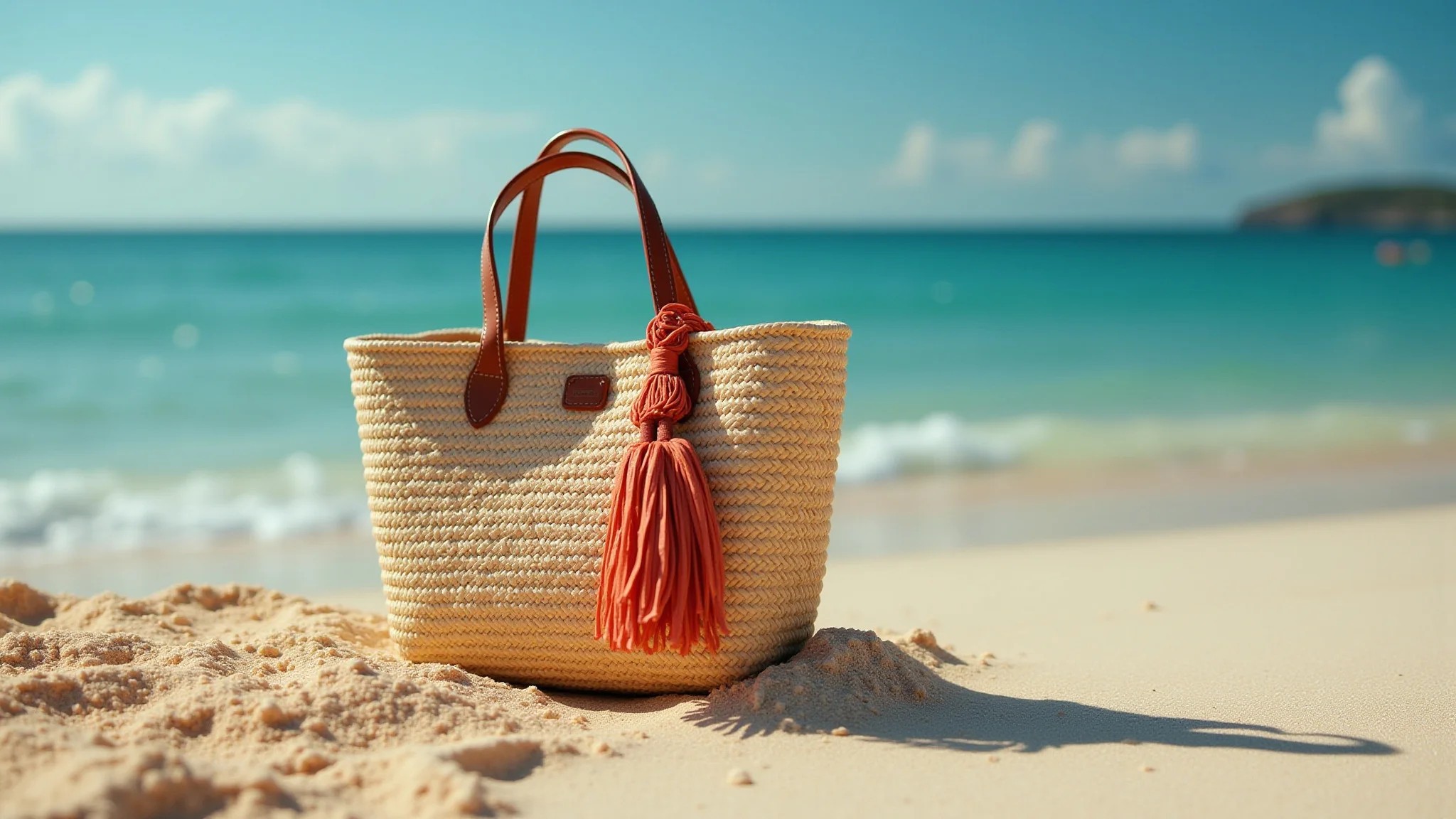 Bolsa de praia com itens essenciais para um dia ensolarado.