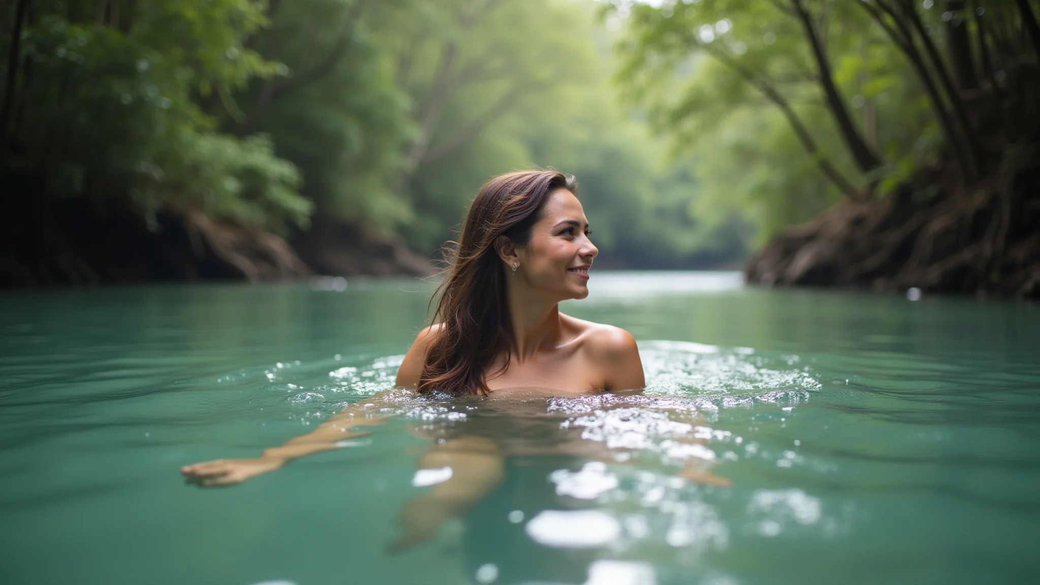 Mulher flutuando em rio de águas cristalinas em Bonito, MS, em busca de relaxamento e conexão com a natureza.