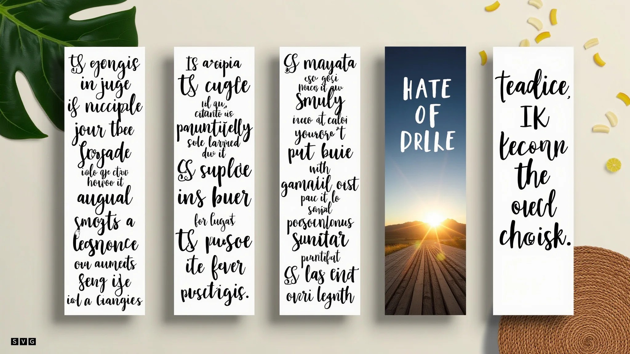 Marcadores com frases motivacionais em diferentes fontes e cores.