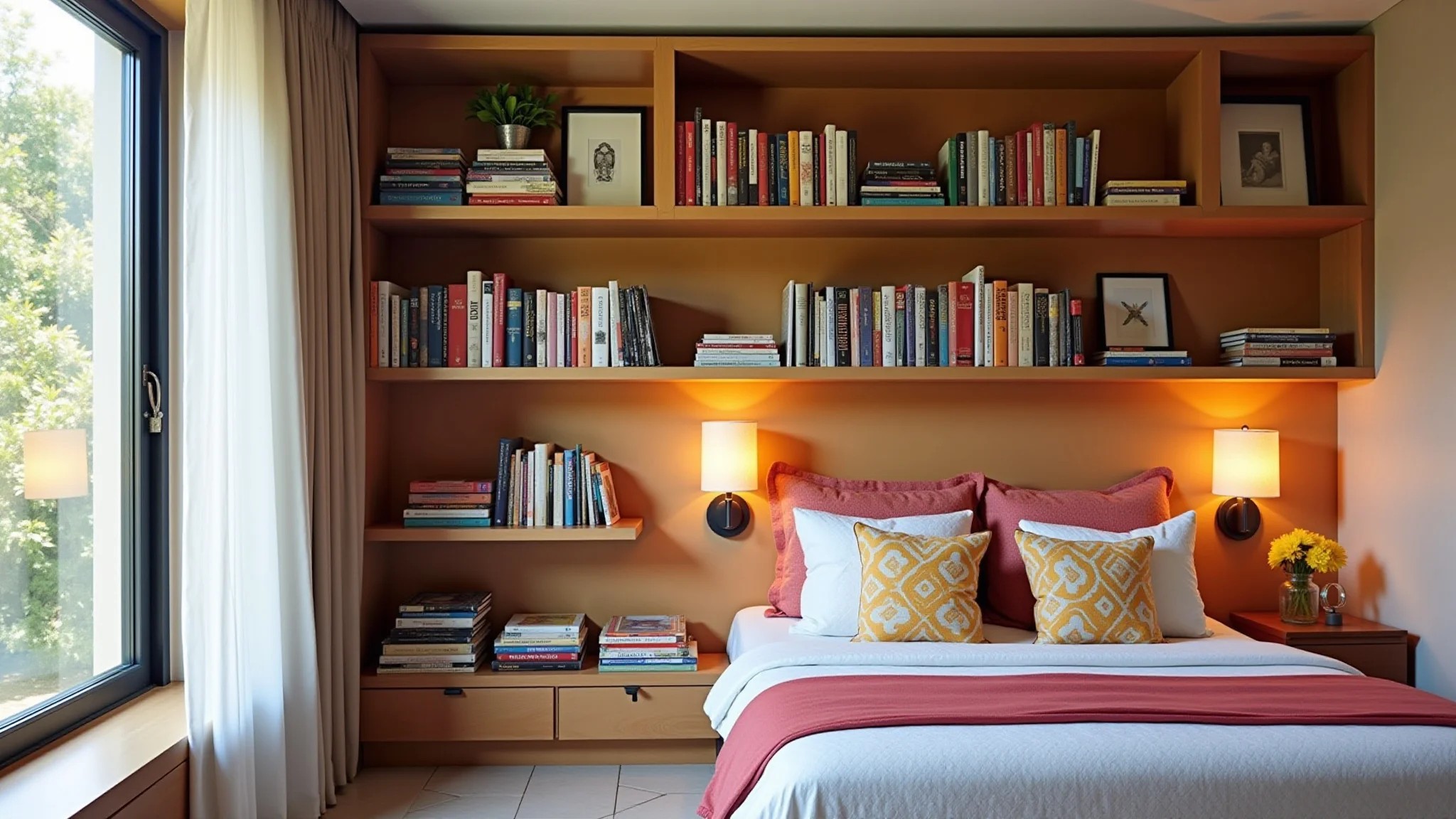 Prateleiras com pilhas horizontais de livros, decoração vibrante, estilo brasileiro.