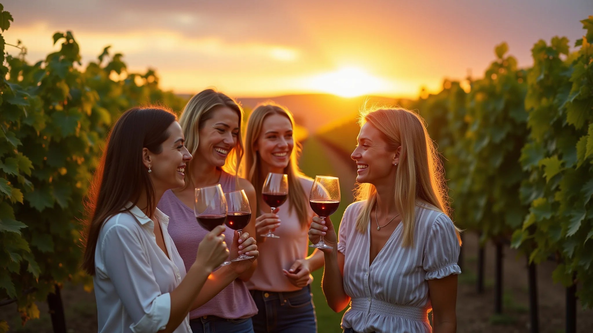 Vinhedo em Bordeaux ao pôr do sol, mulheres degustando vinho.