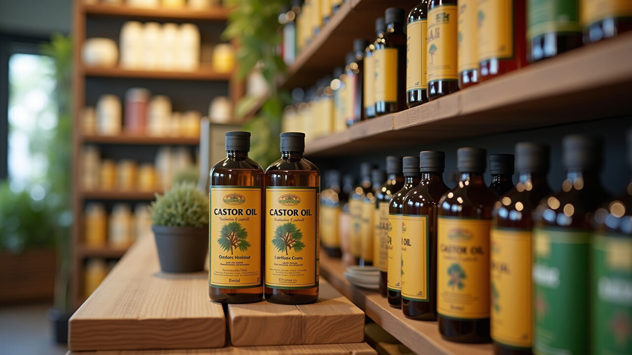 Óleo de rícino de qualidade disponível em loja de produtos naturais.