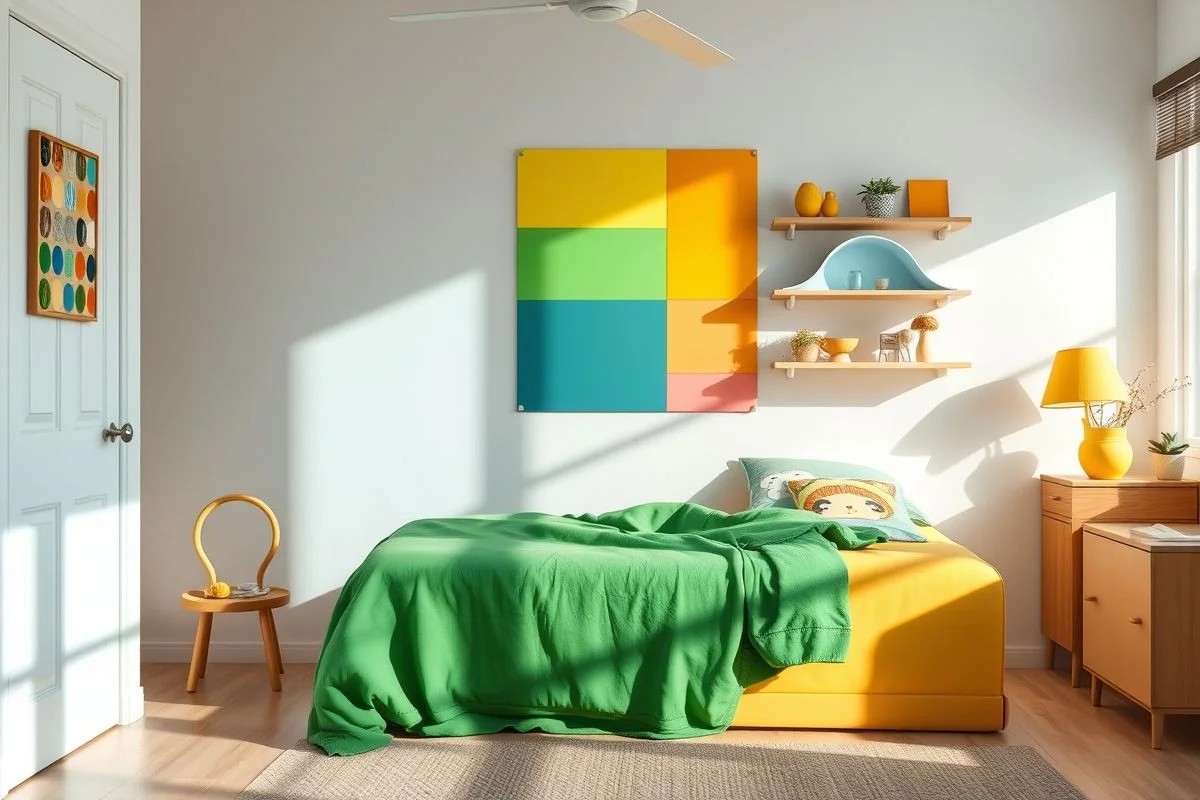 Paleta de cores para quarto de menino com tons de azul, verde, amarelo e laranja. Cores que estimulam a criatividade.