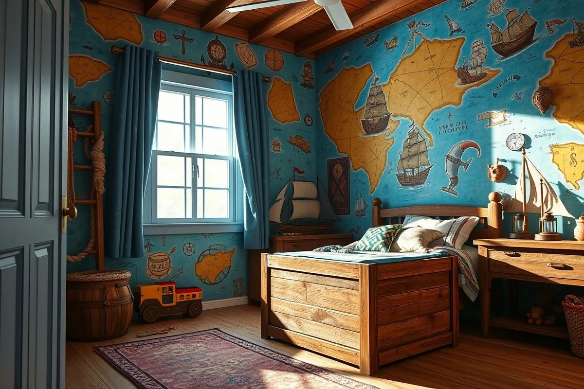 Quarto de menino com tema pirata, mapa do tesouro na parede e baú de brinquedos. Decoração lúdica e criativa.