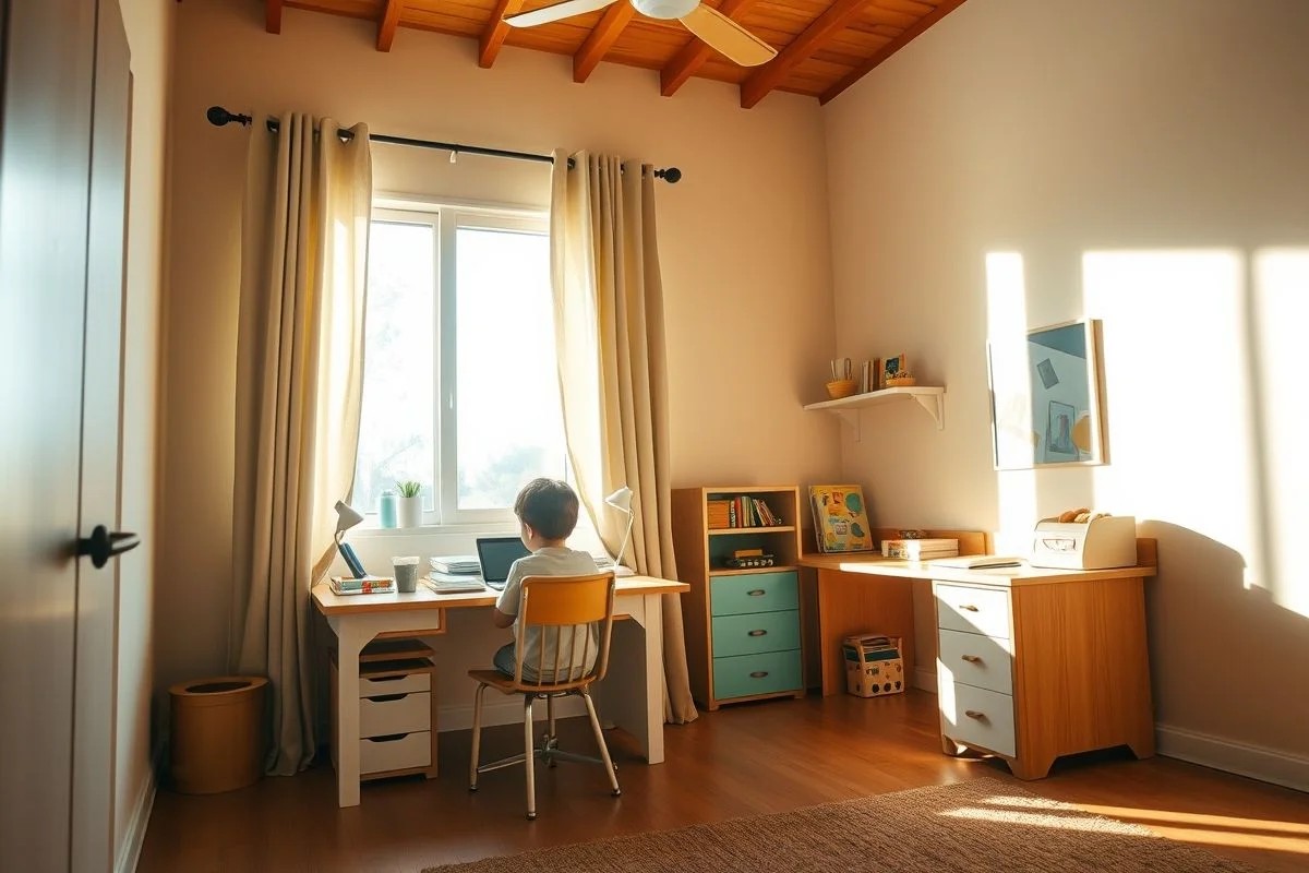 Quarto de menino com luz natural entrando pela janela, escrivaninha próxima à janela para estudos.