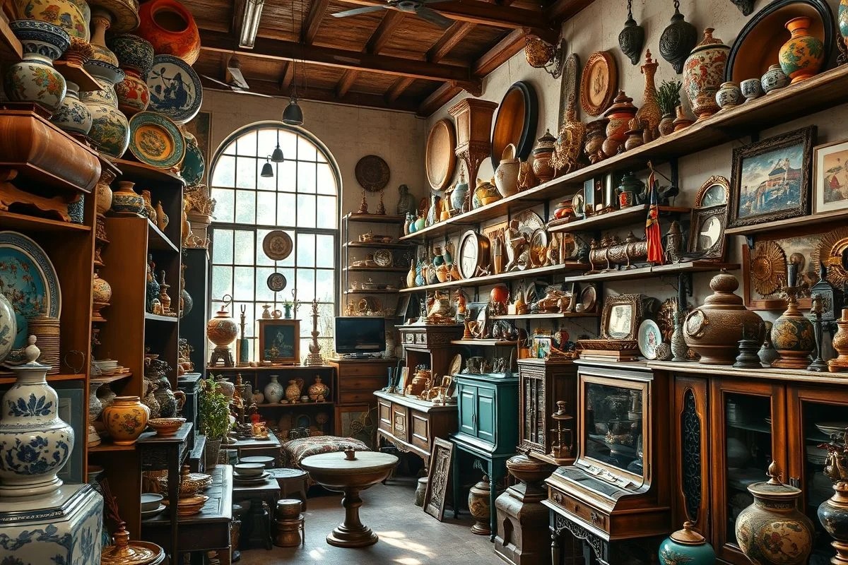 Interior de antiquário brasileiro com móveis e objetos vintage