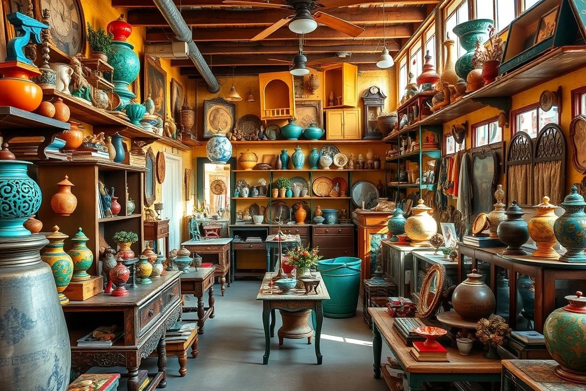 Interior de antiquário brasileiro com móveis e objetos vintage.