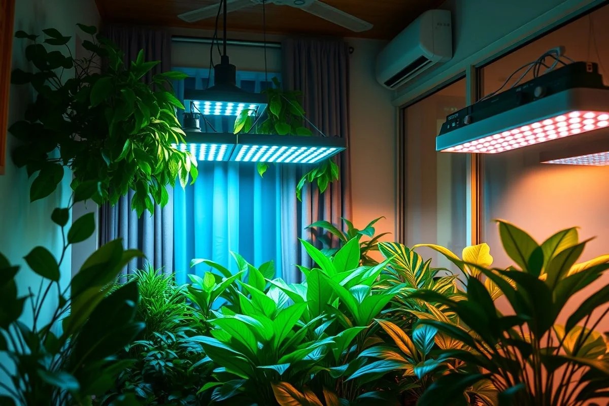 Plantas de apartamento iluminadas por luzes de crescimento à noite.