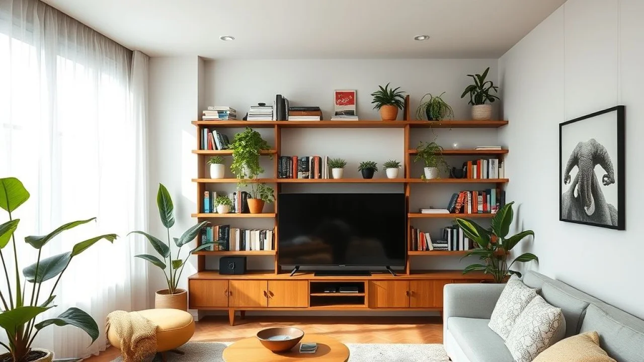 Prateleiras e nichos organizando e decorando sala minimalista no Brasil.