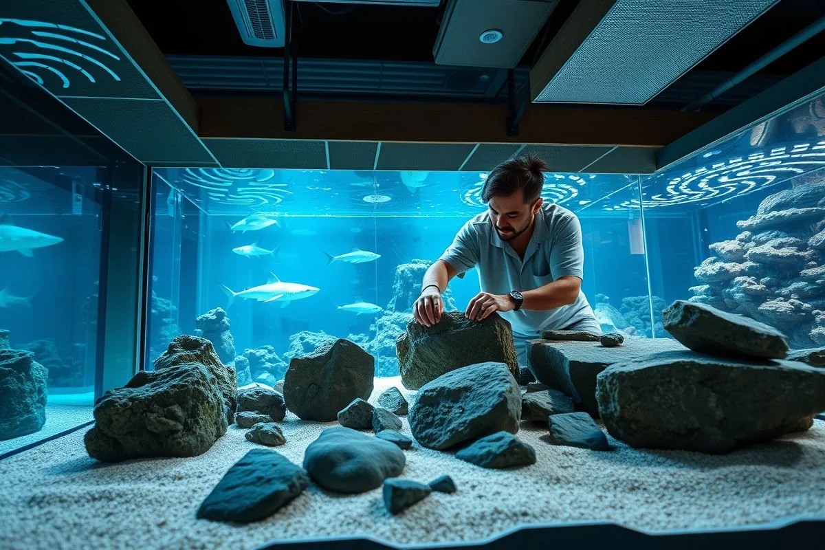 Aquarista brasileiro decorando aquário de tubarão com rochas e areia.