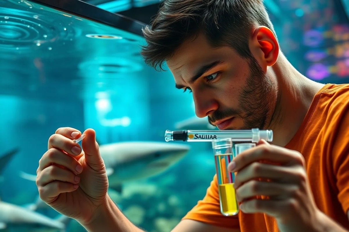 Aquarista brasileiro testando a água do aquário com kit de teste.