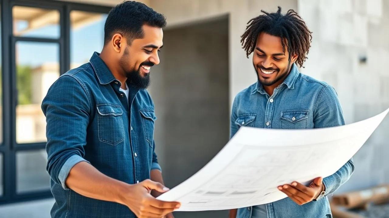 Arquiteto brasileiro revisando planos de reforma com proprietário em obra. Consulta profissional.