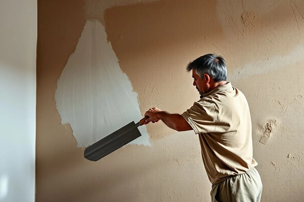 Artesão aplicando massa pronta de cimento queimado em parede de quarto.