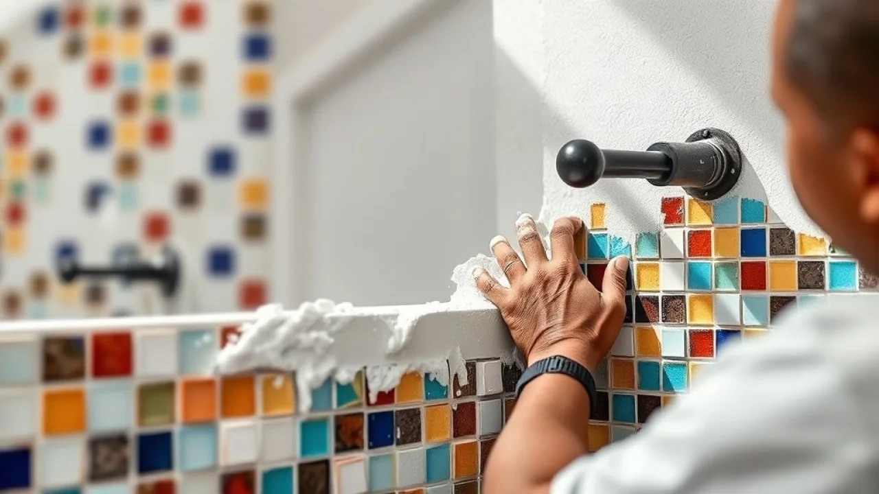 Artesão aplicando rejunte branco em azulejos coloridos no Brasil