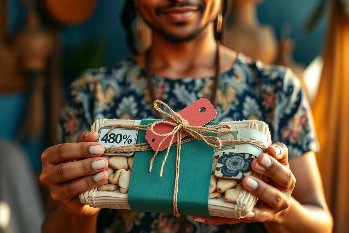 Artesã brasileira apresentando pacote promocional de artesanato com etiqueta de desconto.
