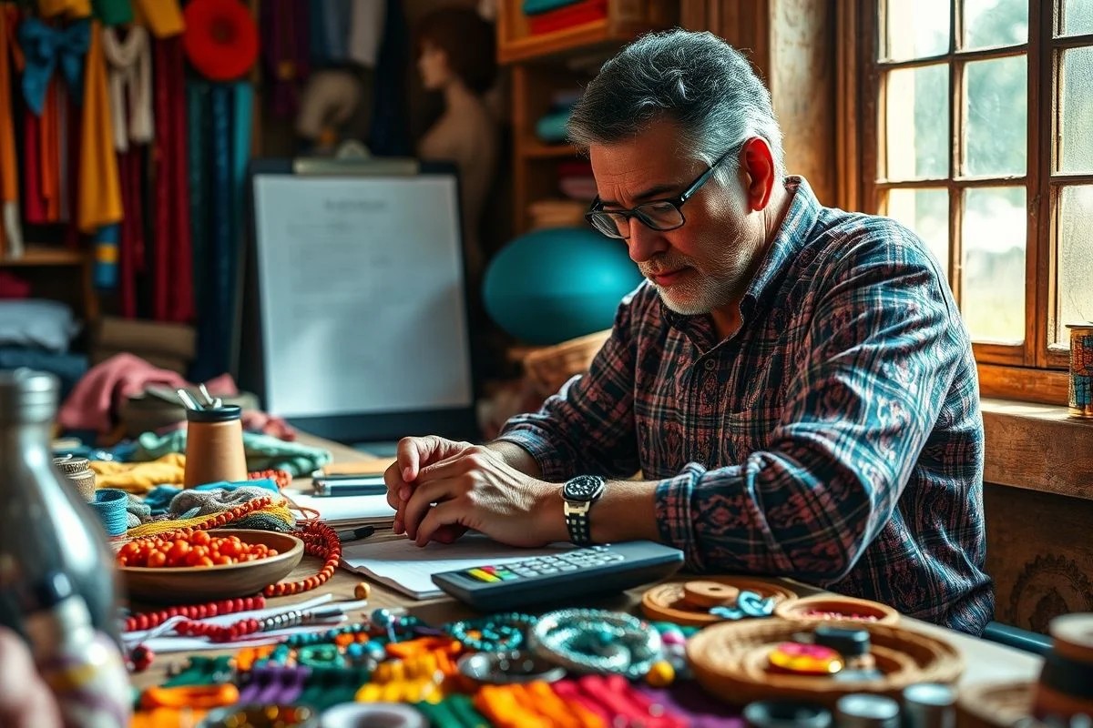 Artesã brasileira calculando custos e preços, demonstrando o planejamento financeiro no artesanato.
