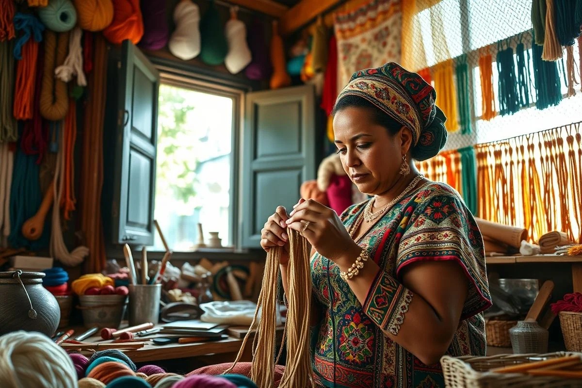 Artesã brasileira crocheta cortina, luz natural, oficina colorida, habilidade.
