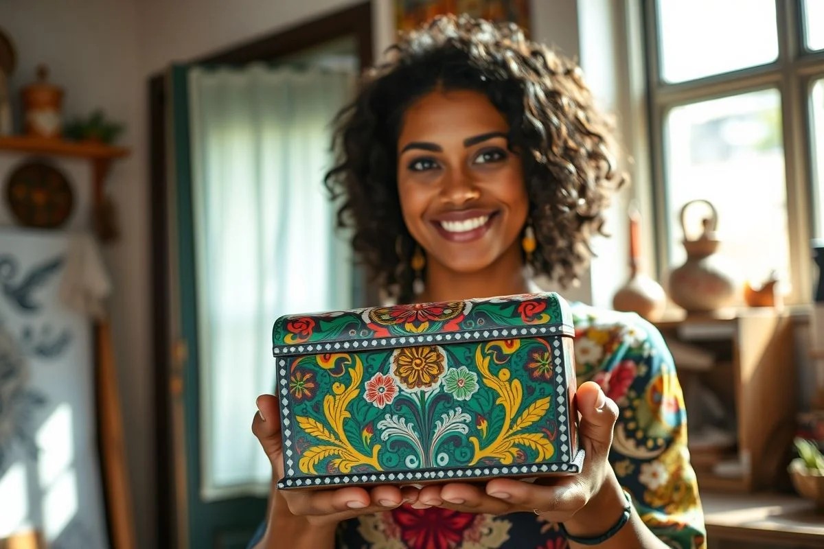 Artesã brasileira mostrando caixa de joias decorada com decoupage.