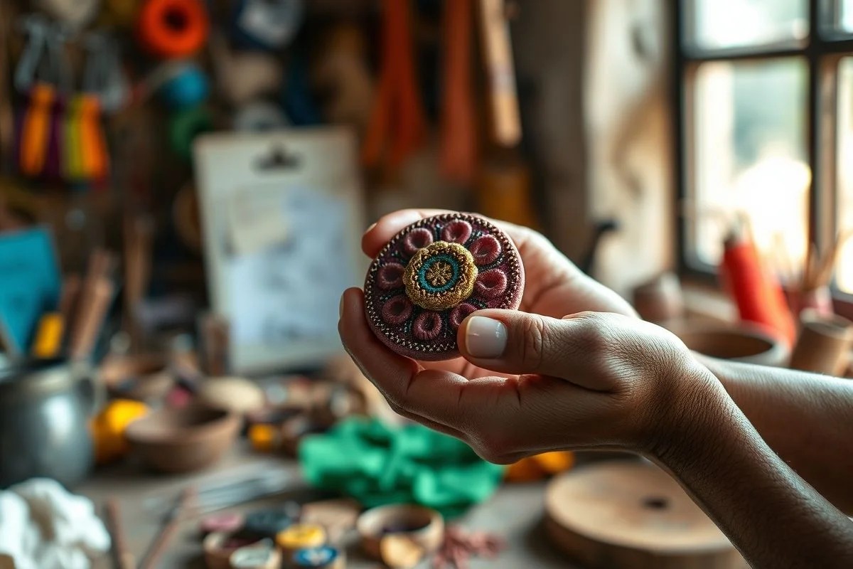 Mãos de artesã brasileira segurando projeto finalizado com botões.