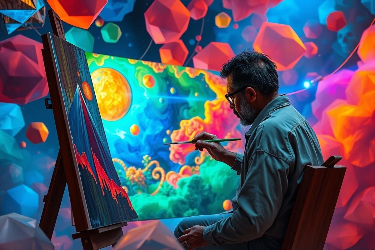 Artista brasileiro pintando obra-prima em sonho lúcido.