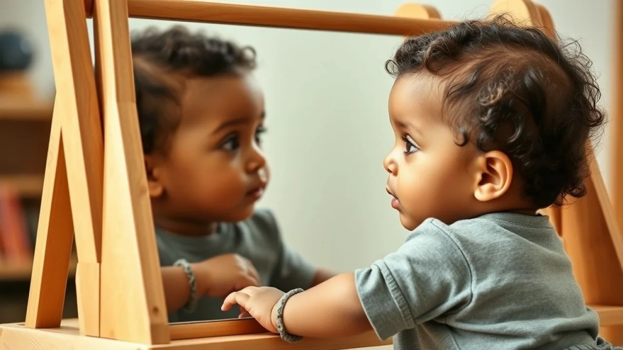 Bebê brasileiro se olhando no espelho Montessoriano, barra de apoio, desenvolvimento infantil.