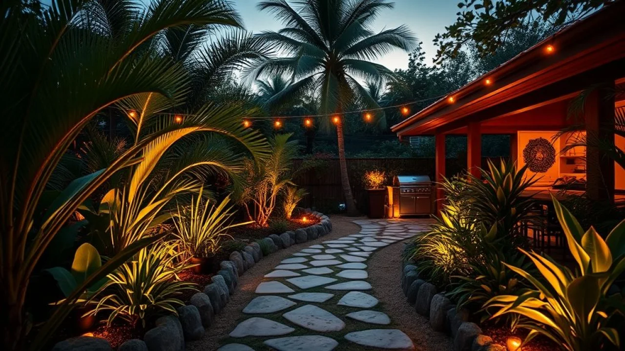 Jardim brasileiro iluminado por luzes solares, ambiente aconchegante e convidativo.