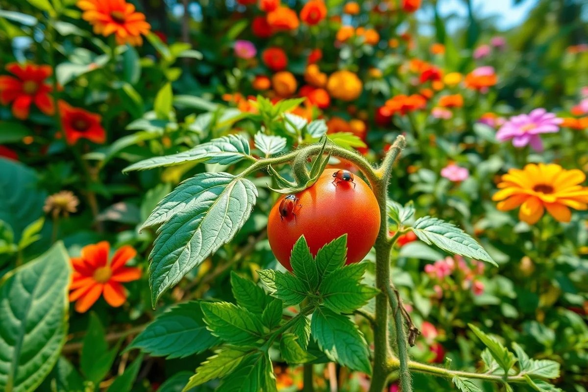 Horta brasileira com plantas atraindo insetos benéficos. Controle natural de pragas.
