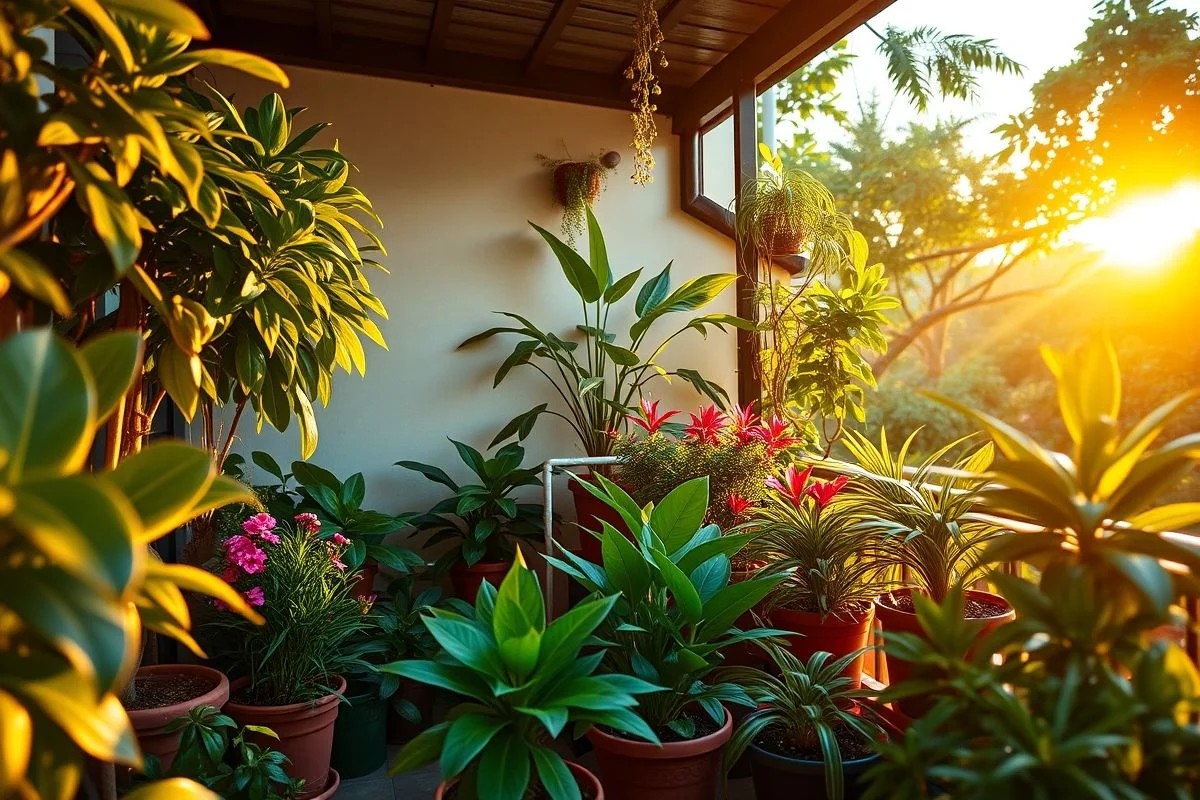 Jardim em varanda brasileira, plantas em vasos, luz do sol, jardinagem