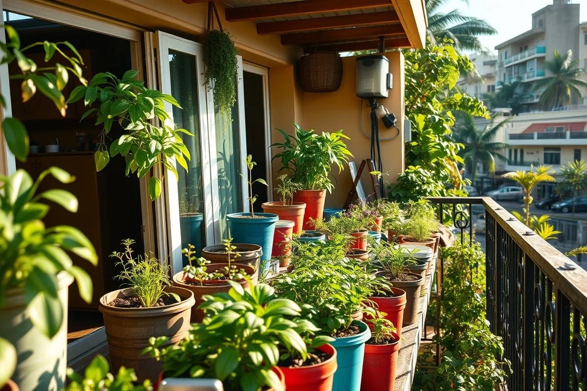Viveiro de mudas em varanda brasileira com plantas em potes reciclados