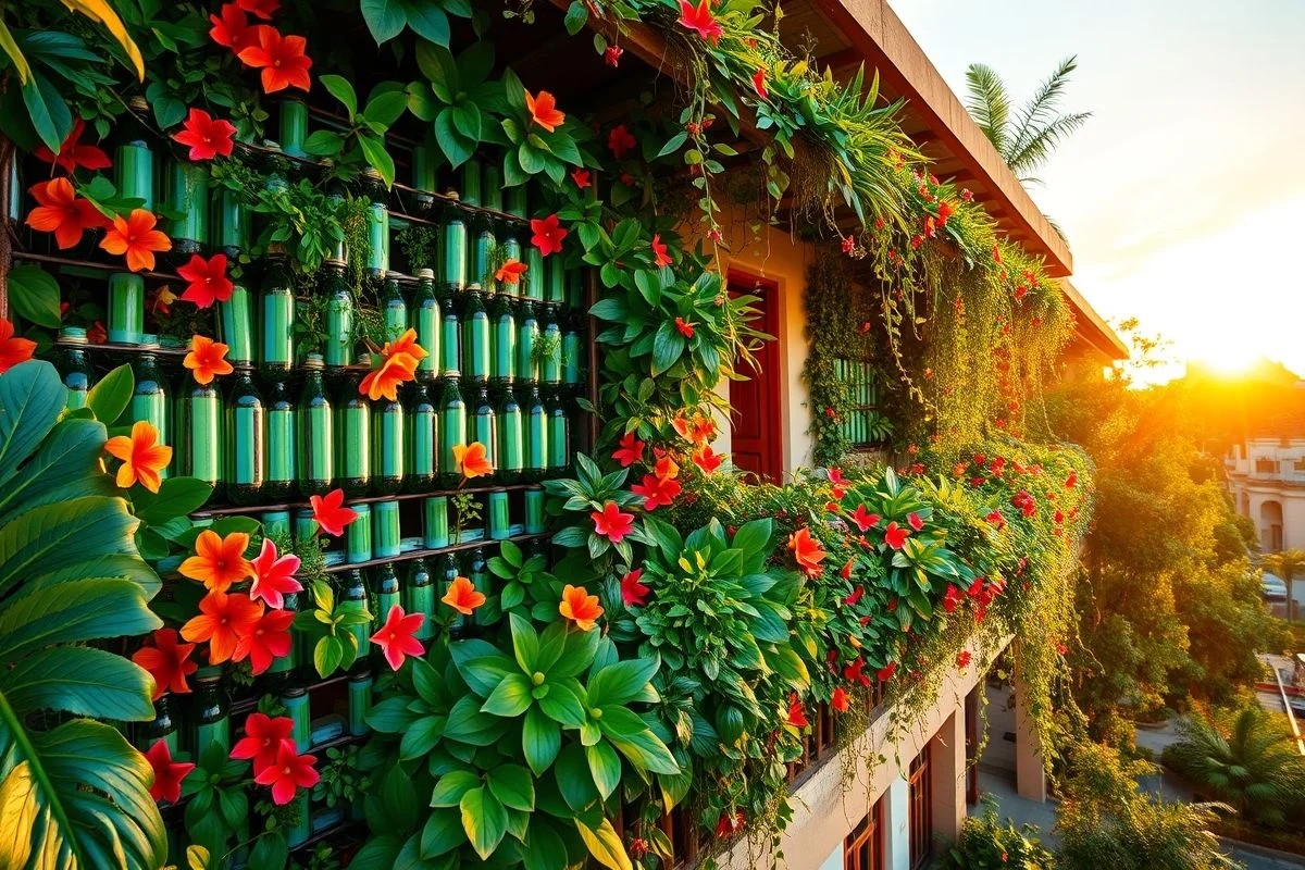 Jardim vertical feito com garrafas PET coloridas em varanda brasileira.