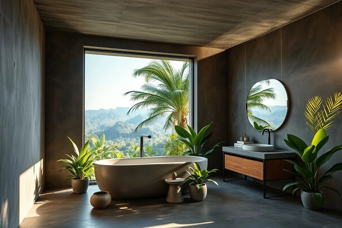 Banheiro iluminado com cimento queimado e vista para paisagem tropical brasileira.