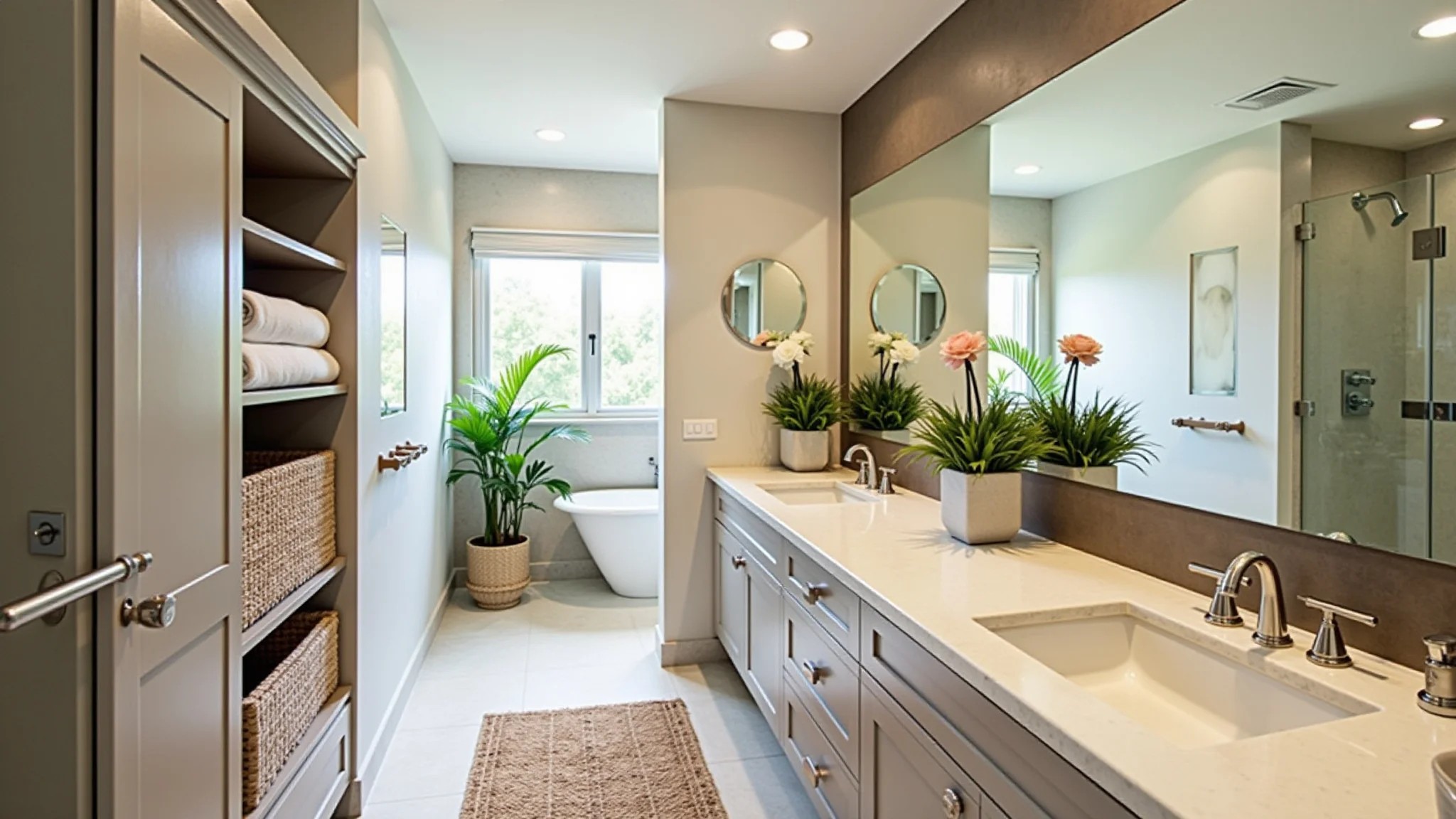 Acessórios estilosos e plantas na decoração de banheiro reformado.